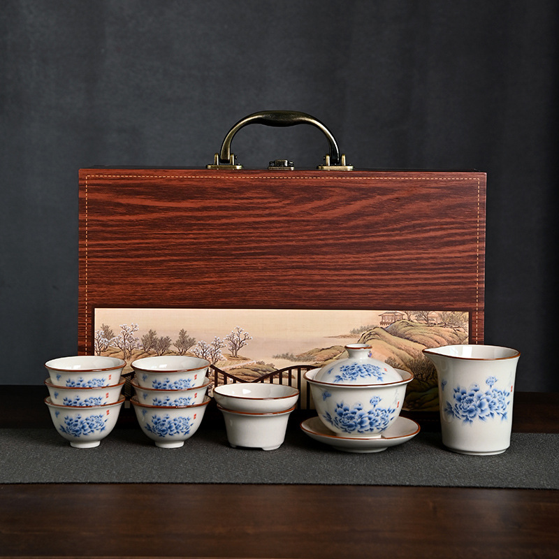 retro 10 pcs set straw and ash kung fu tea set high-end ceramics whole set gift box annual meeting business gift