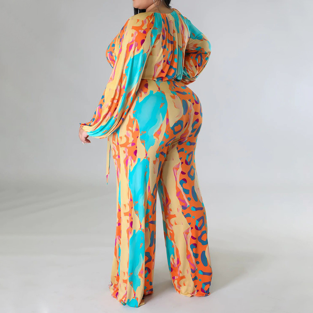 plus size printing lace-up v neck long sleeve wide-leg jumpsuit NSLNW136922