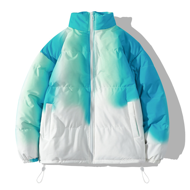 Down for men, winter gradient stand up collar thick cotton ja, plus size color blocked couple loose fitting bread_voghion.com