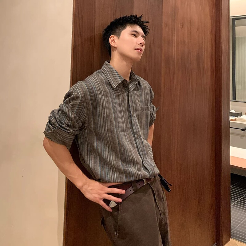 Spring and autumn old money style blue super stylish striped vintage shirt for men, clean fit, high-end, cool and handsome long-sleeved shirt