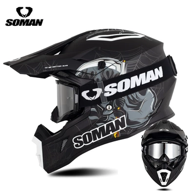 Men's Electric Bike Full-Face Helmet, Motosiklet kaskı (dəbilqə) - black-and-gray-spider-with-black-and-silver-goggles-s