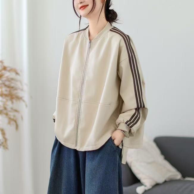 25年秋款皮衣外套女长袖拼条宽松休闲韩版外套学院风上衣立领时尚|undefined