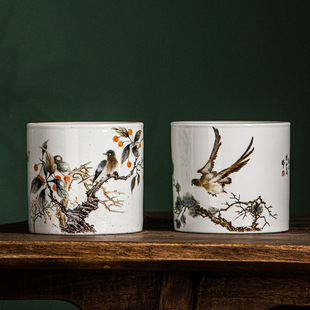 Jingdezhen Pure Hand-Painted Flower and Bird High-End Antique Ceramic Flower Pot Pen Wash Ming and Qing Antique Ceramic Flower Pot Pen Holder Vase