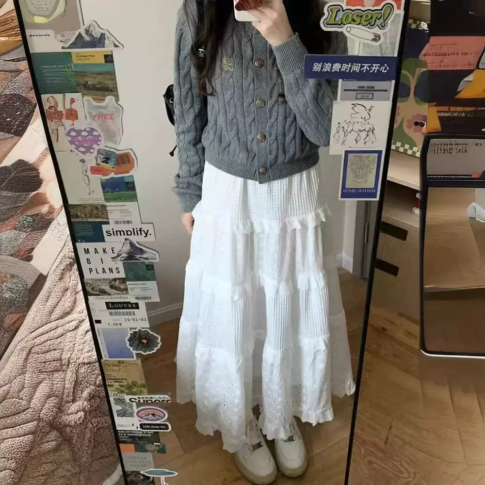 白色半身裙女春秋2024新款高腰a字裙小个子长裙子蕾丝蓬蓬蛋糕裙