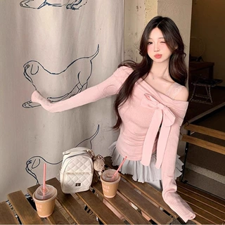 一字肩纯欲粉色保暖打底衫女秋冬绝美蝴蝶结露肩内搭短款甜妹上衣