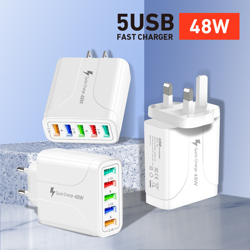Mobile Phone charger 5USB charger 48W with light British gauge multi-port usb travel charger Phone charger