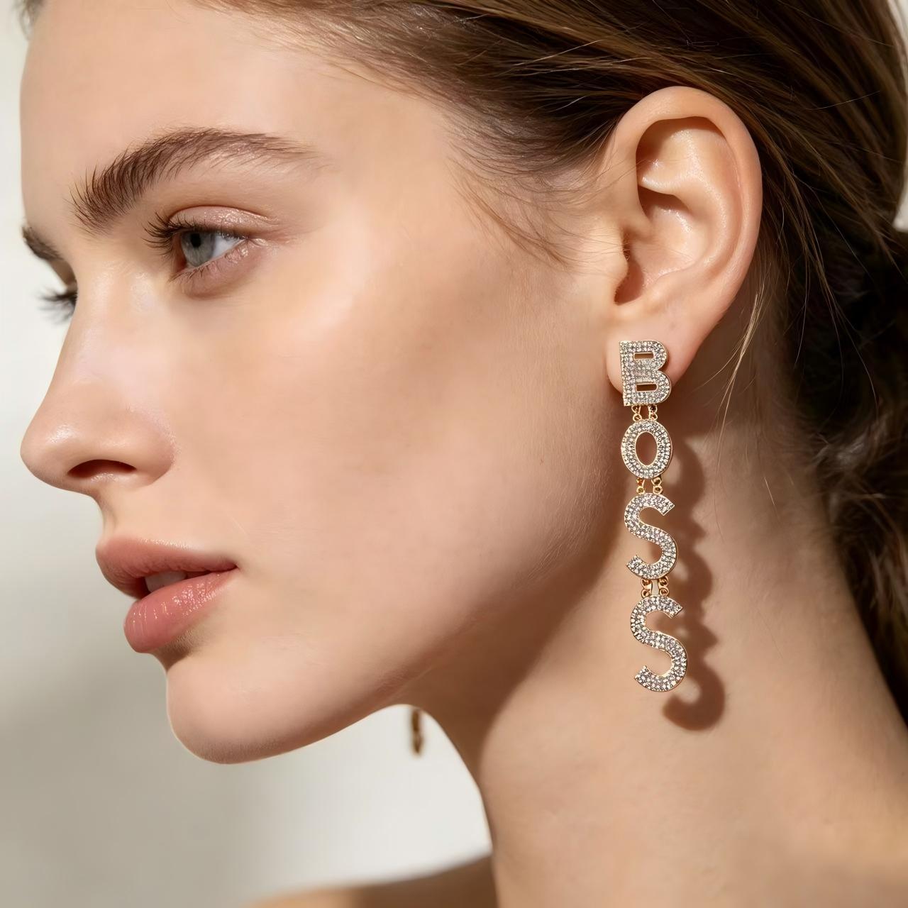 Exaggerated BOSS Letter Long Earrings with Full Diamond Inlay and Tassels - Popular on Temu for Parties