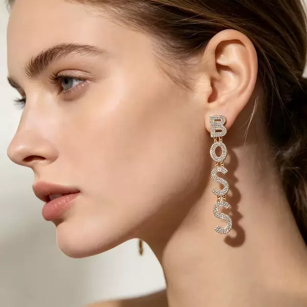 Exaggerated BOSS Letter Long Earrings with Full Diamond Inlay and Tassels - Popular on Temu for Parties