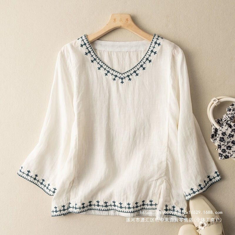Vintage Ethnic Style Summer Fashion New Casual Collared Top Three-Quarter Sleeve Cotton-Linen Embroidered Shirt Vintage Ethnic Style Summer Fashion New Casual Collared Top Three-Quarter Sleeve Cotton-Linen Embroidered Shirt