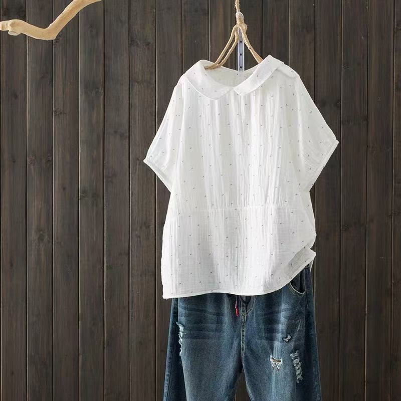2025 Japanese Style Artistic Fresh Style Doll Collar Pullover Double-Layer Cotton Yarn White Shirt Women's Short-Sleeved Student Top T-Shirt