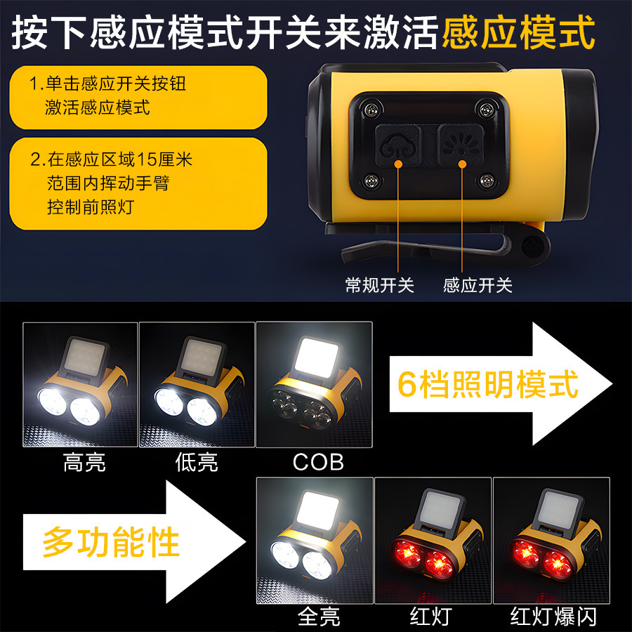 Transfronterizos nueva luz intensa LED inducción luz de cabeza impermeable luz de pesca portátil luz de camping doble fuente de luz
