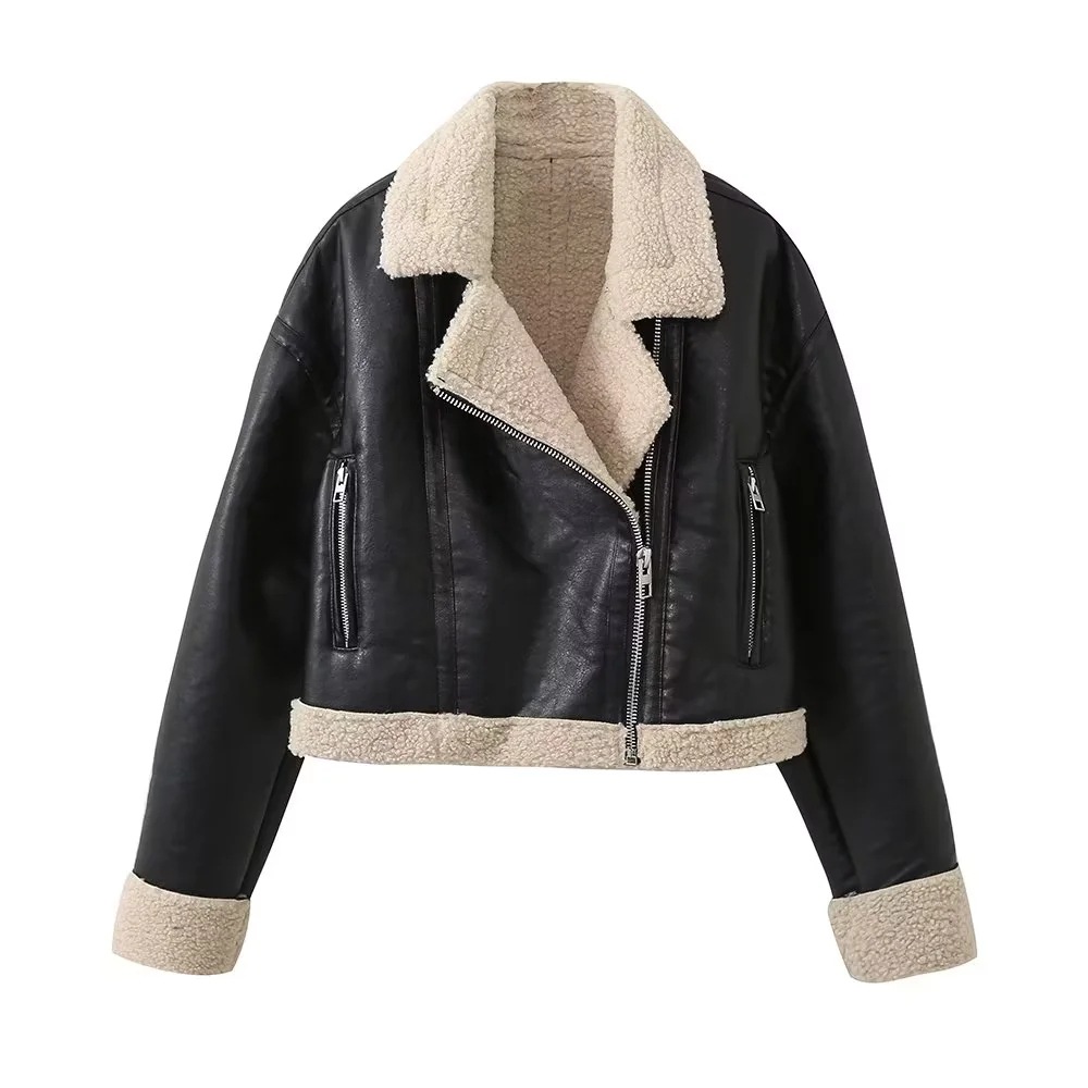 American-style hot girl lapel fur coat female 2023 Winter side zipper temperament short top PU leather jacket