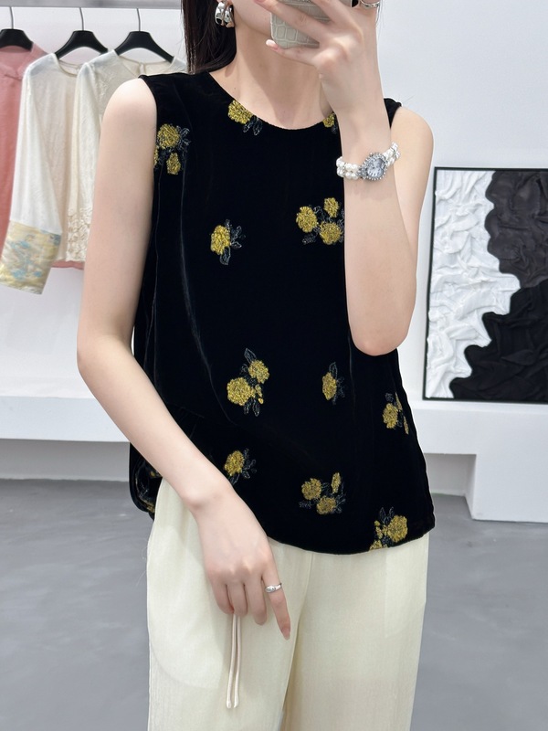 Nanyou Wholesale 2025 夏の新作シルクベルベット刺繍トップシャツ文学ファッションカジュアル多用途|undefined