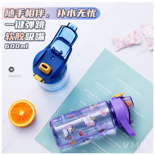 EcoCool Trendy Cartoon Water Bottle, Portable Outdoor Design, Large Capacity — Perfect for Students and Kids, Includes a 600mL Straw-Enabled Plastic Flask