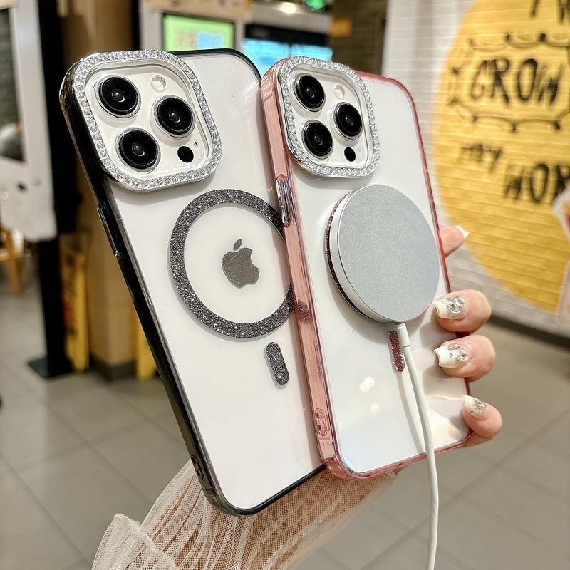 Apple 16 携帯電話ケース ダイヤモンド レンズ iPhone15 磁気吸引 13Promax 透明保護カバーに適した 2 色のエッジ|undefined