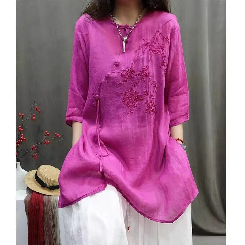 New Chinese Style Embroidered Cotton and Linen Shirt for Women, Summer Loose Casual Mid-Length Top for Middle-Aged Moms New Chinese Style Embroidered Cotton and Linen Shirt for Women, Summer Loose Casual Mid-Length Top for Middle-Aged Moms