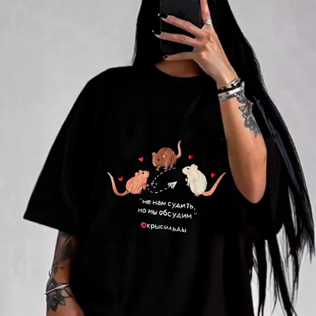 Cartoon Cute and Fun Age-Reducing Mouse Print Summer New European and American Style Pure Cotton Short-Sleeved Commuter Tops for Women