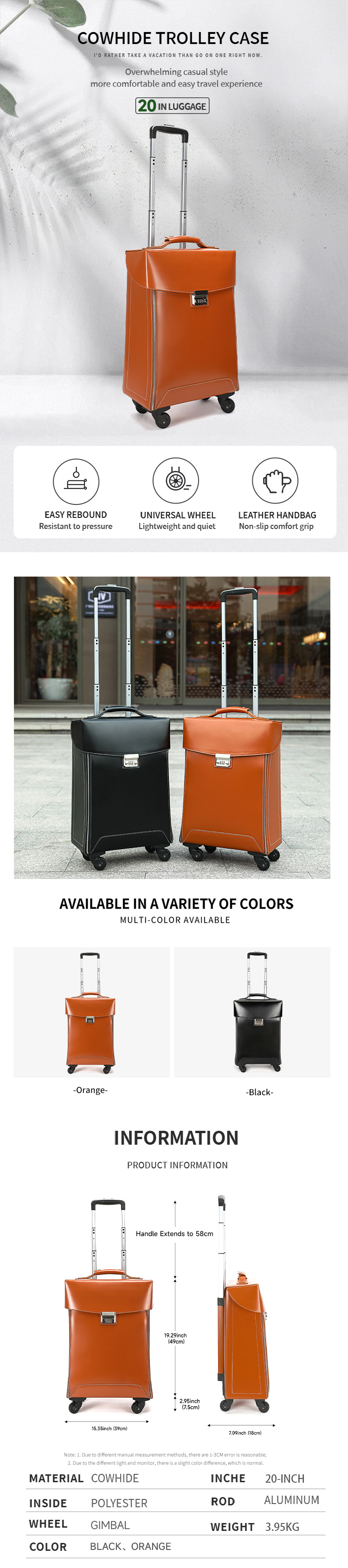 Vali xách tay 20 inch da khóa mật khẩu cao cấp cho doanh nhân — đen, màu cam chi tiết 2