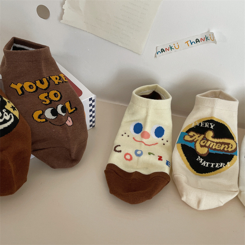 Japanese Cartoon Socks Women's Summer Non-slip Boat Socks Milk Tea Color Letter Color Matching Men's Smiley Invisible Short Cotton Socks