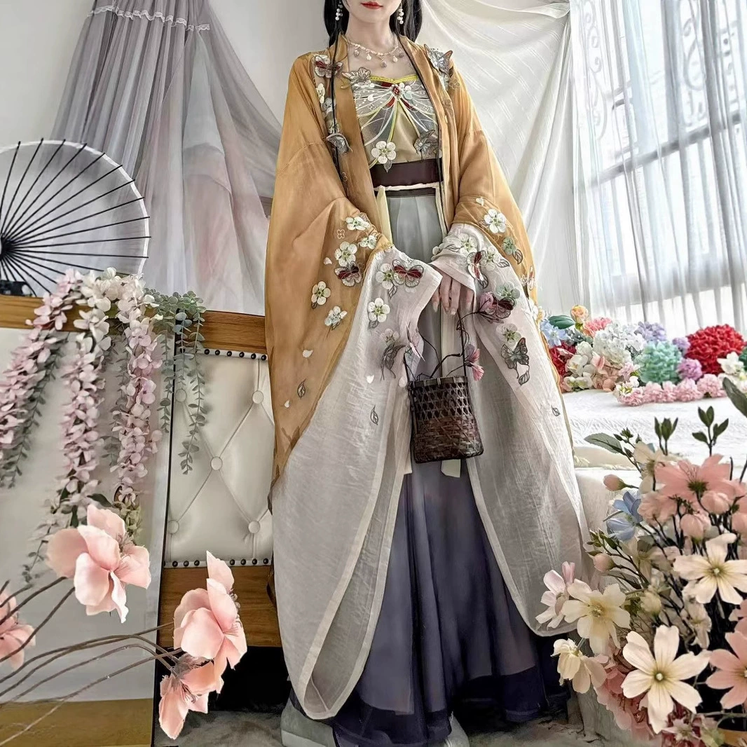 Аутентичная оригинальная женская рубашка Hanfu 2025 года, новая рубашка с длинными рукавами и градиентной вышивкой в ​​стиле династии Сунь и подтяжками для повседневной носки, древний костюм супер феи.