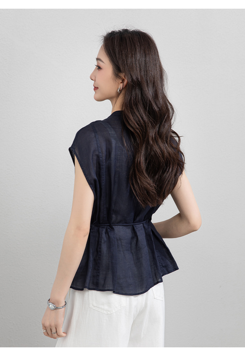 Áo sơ mi nữ linen tay không cổ đứng thắt eo dây rút thoáng mát — Ánh trăng trắng chi tiết 20