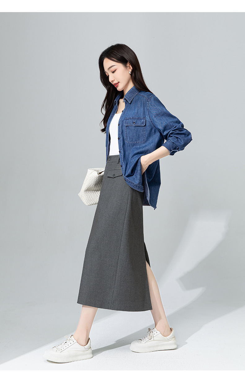 Áo sơ mi denim nữ dài tay phong cách Hàn Quốc, mặc lót hoặc mặc ngoài, tôn dáng gầy — Màu xanh lam chi tiết 21