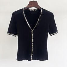 法单  M家2023夏季新款气质小香风撞色V领短袖百搭减龄针织开衫