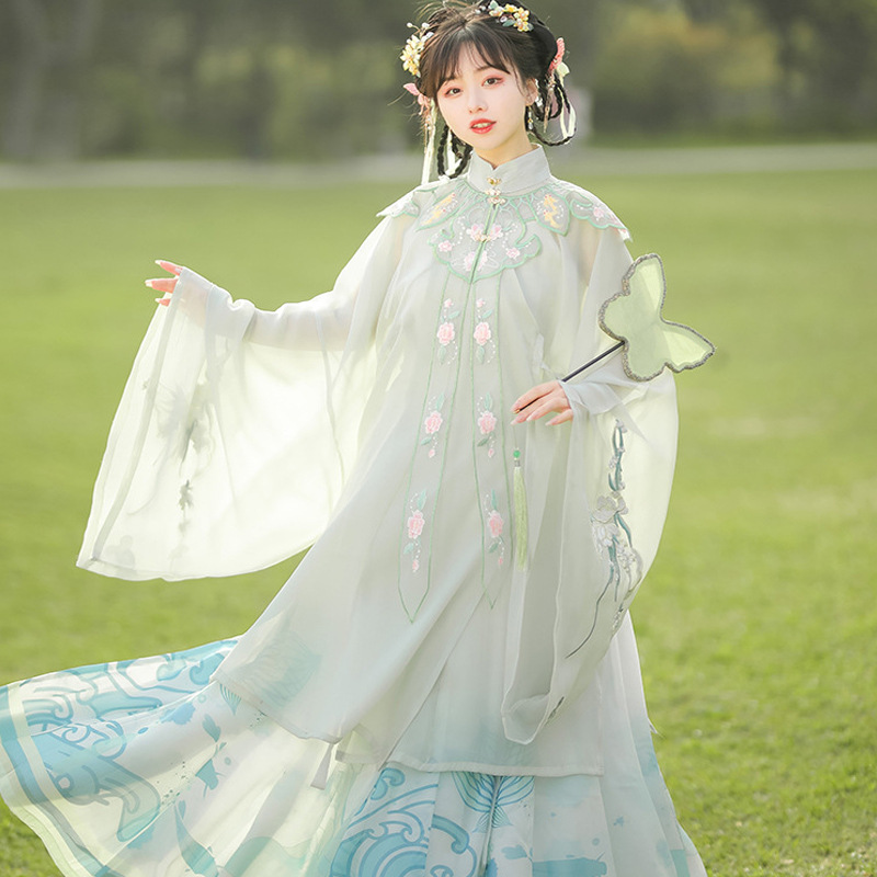 成人汉服女中国风明制云肩立领对襟长衫褶裙古装仙气飘逸春夏全套
