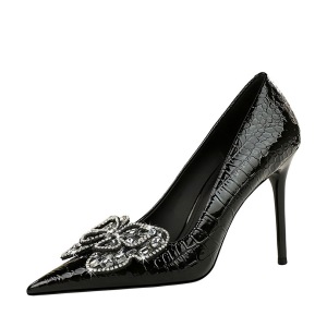 3391-H23 Vintage European and American Style Banquet High Heels, Thin Heels, Lacquer Leather, Shallow Mouth, Pointed Wat