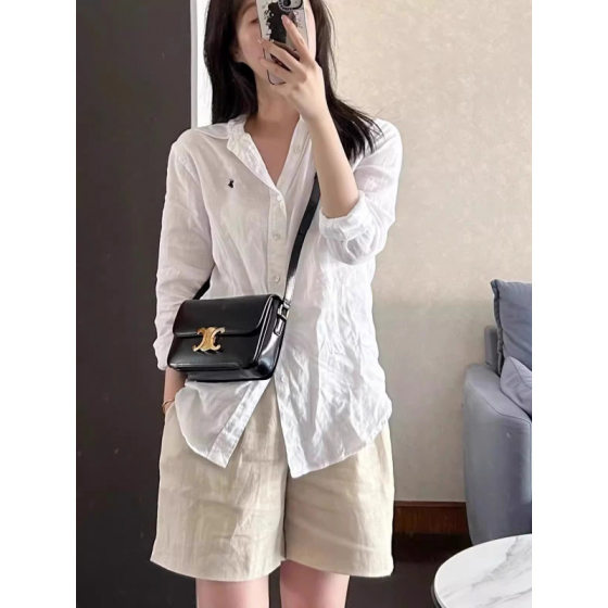 Ralph Pony Embroidered Top Women's Spring and Autumn Thin Linen White Long-Sleeved Casual Loose Niche Sunscreen Shirt