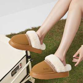 费尔岛风冬季新款男女舒适厚底包头刺绣拖鞋跨境大码保暖雪地靴女