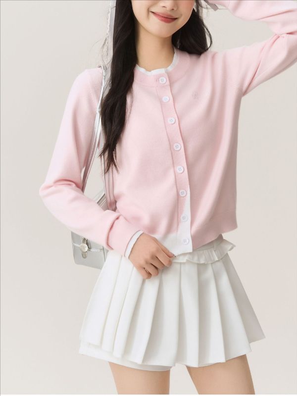 BUBBLELY 春新款百搭时尚休闲刺 绣拼色宽松假两件针织开衫女|undefined