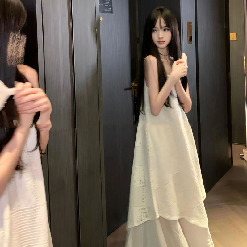 200斤大码时尚罩衫两件套气质2025夏季新款显瘦镂空吊带长连衣裙|undefined