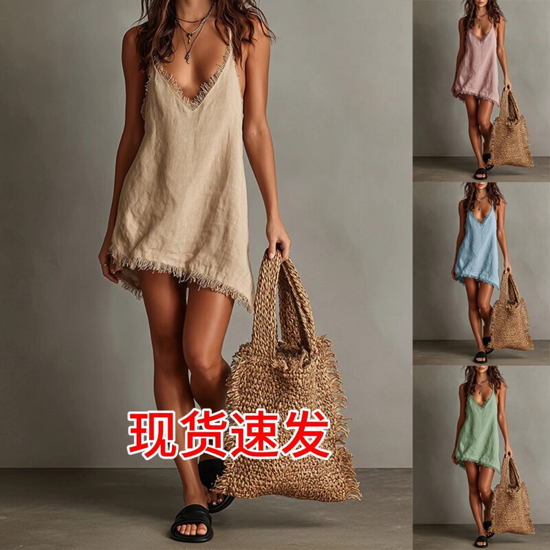 2026 New Cross-Border European and American Amazon Vacation Home V-Neck Strap Dress with Fringe Decoration Mini Solid Color Dress