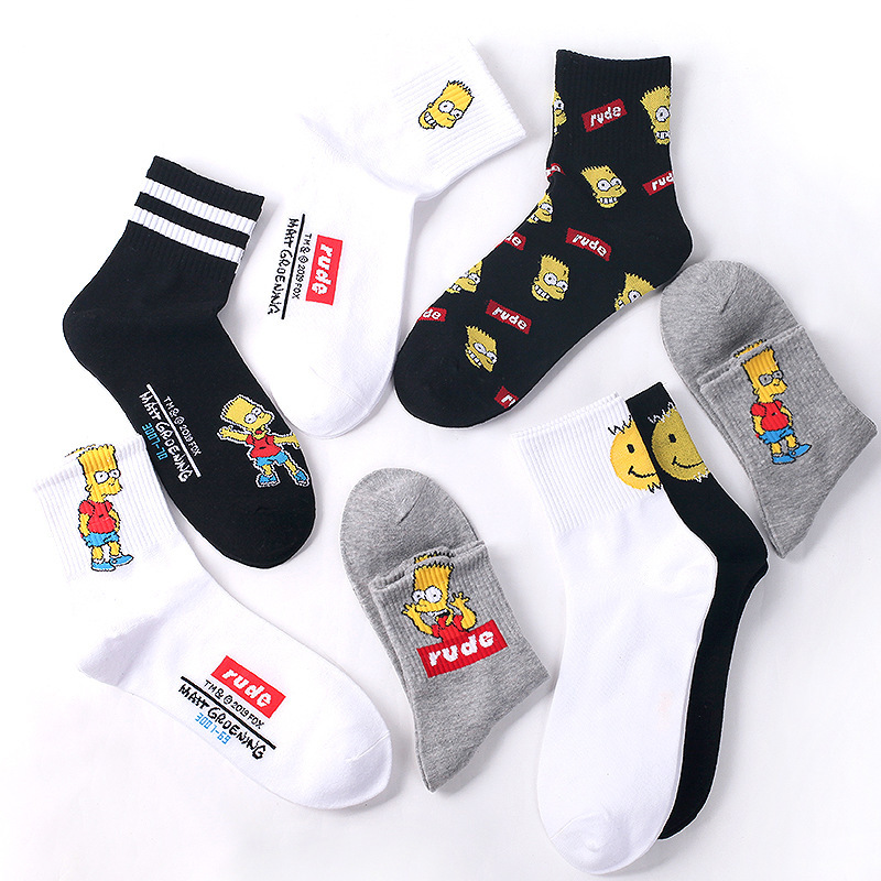 Socks Male Trendy Simpsons Head Socks Letter Cotton Socks Breathable European and American Street Smiley Letter Sports Mid-tube Socks