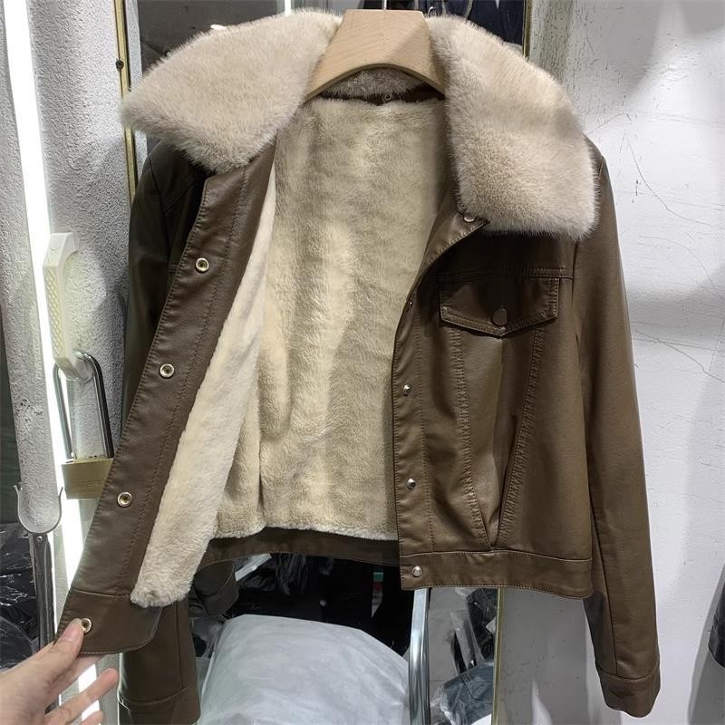 Women's Clothing Plush Leather Jacket, Women's Fur Collar Short Jacket, Pu Leather Motorcycle Suit_voghion.com
