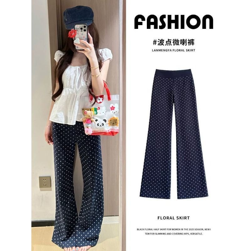 Korean-style navy blue polka dot drapey casual pants for women, 2026 summer new model, slimming low-waist versatile sports flared pants Korean-style navy blue polka dot drapey casual pants for women, 2026 summer new model, slimming low-waist versatile sports flared pants