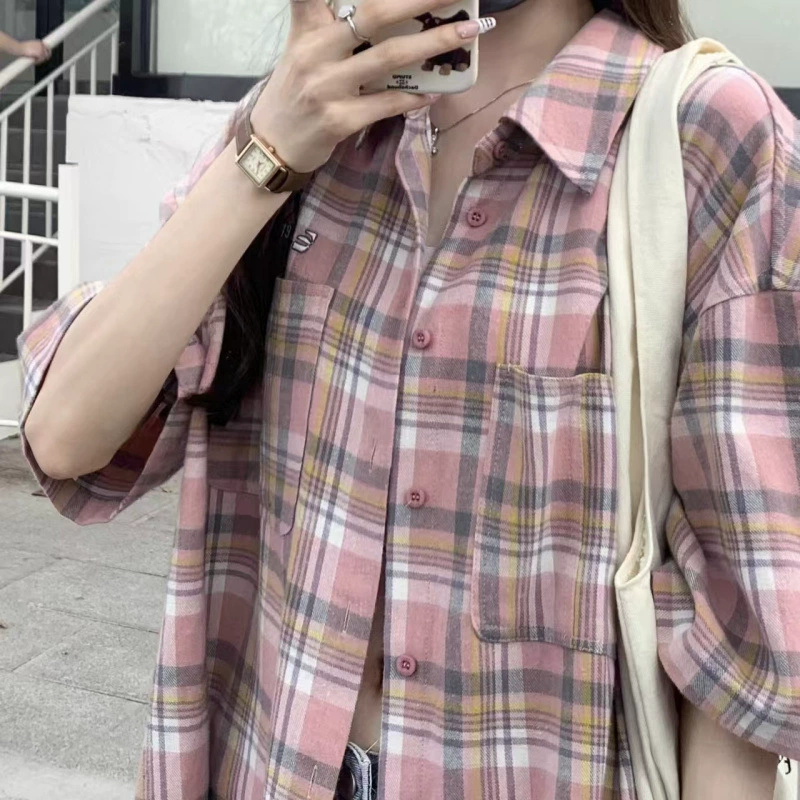 Корейская версия hiphop ретро контрастная клетка с короткими рукавами женская осень лето свободная oversize пара дикая рубашка