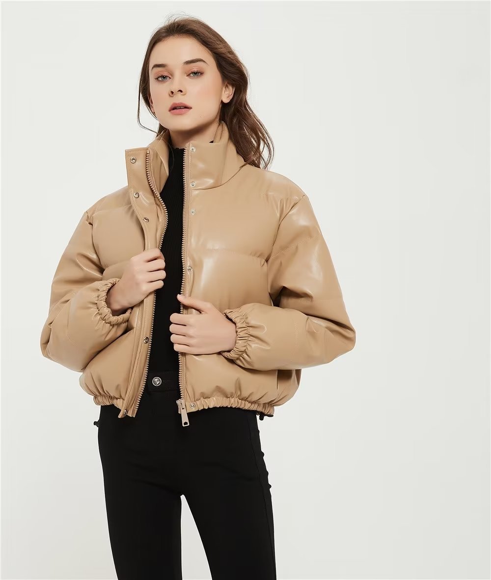 Women's Clothing Fashionable PU Faux Leather Jacket With Cotton Filling, Stand Collar, Minimalist Urban Casual Coat For Winter (Khaki/Black/Brown)_ecoleips.com