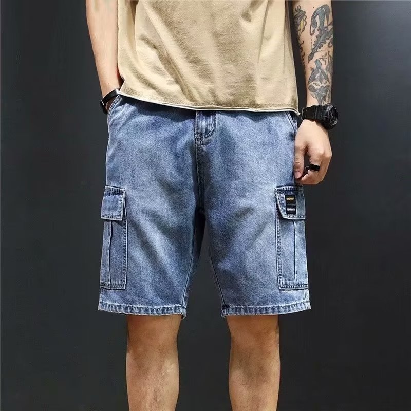 Summer Thin Multi-Pocket Denim Shorts Men's Overalls Multi-Pocket Five-Pants Loose plus size Daddy Pants Capri breeches