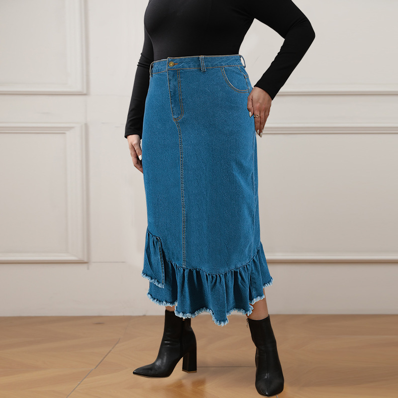 Dames plus size denim rok met kwastjes lang en elegante pasvorm_voghion.com