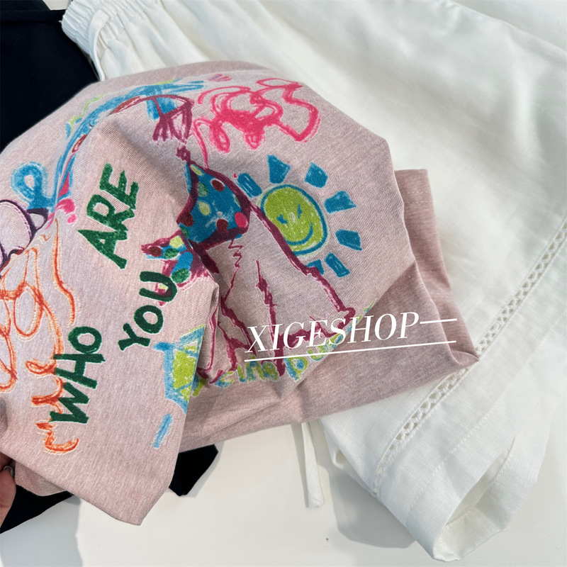 Korean Style Painted Cute Graffiti Printed Short-Sleeved T-Shirt for Women Summer Loose Slimming Look Pure Cotton Pink Round Neck Top Ins