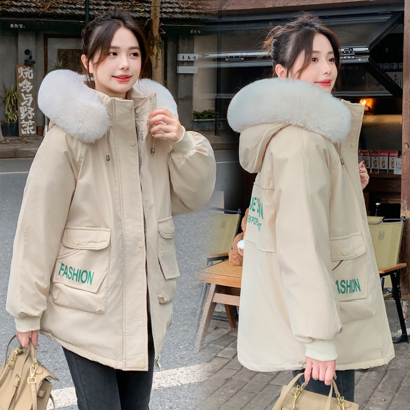 Pequeño algodón para mujeres 2025 nuevo suelto y camisa de algodón grueso chaqueta de algodón largo y medio cuello chaqueta con capuchón