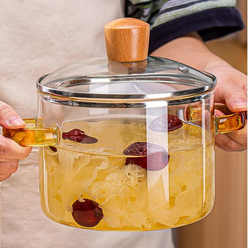 Postal gratuito estilo nórdico de alta borosilicona resistente a altas temperaturas panela de vidrio para curar la salud de los oídos con tapa amarillo y verde mango panela de fideos de espuma de sopa