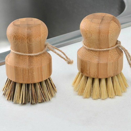 Kitchen cleaning brush sisal palm nan bamboo short handle round dish brush dishwashing brush household pot brush coconut palm short handle brush