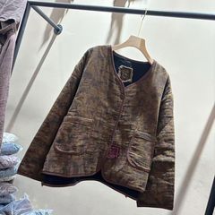 斜纹棉印花两面穿外套 秋季新款复古风v领宽松文艺贴布上衣女