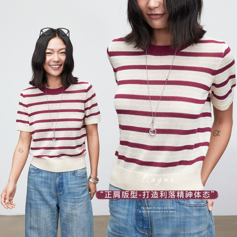 <Japanese Washi Paper>Dry and breathable red striped energetic T-shirt knitted short-sleeve 2026 new summer top for women <Japanese Washi Paper>Dry and breathable red striped energetic T-shirt knitted short-sleeve 2026 new summer top for women