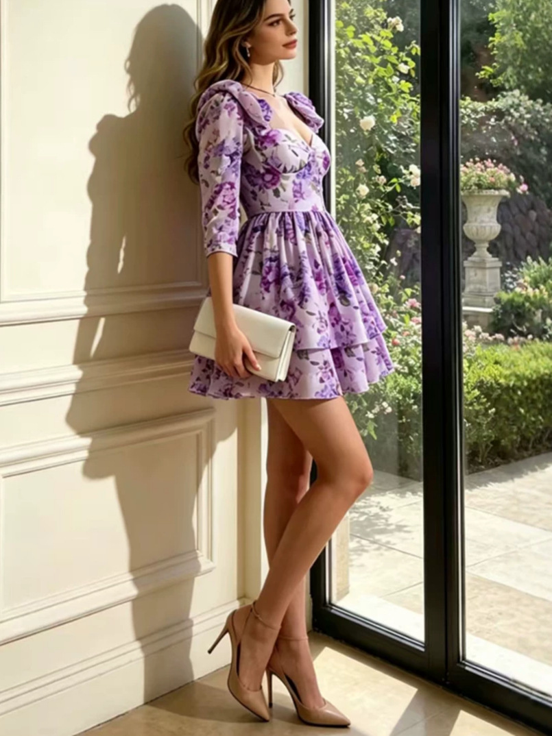 2026 primavera nuevo estilo francés elegante vestido estampado corazón cuello mangas abullonadas falda abombada de doble capa para mujeres