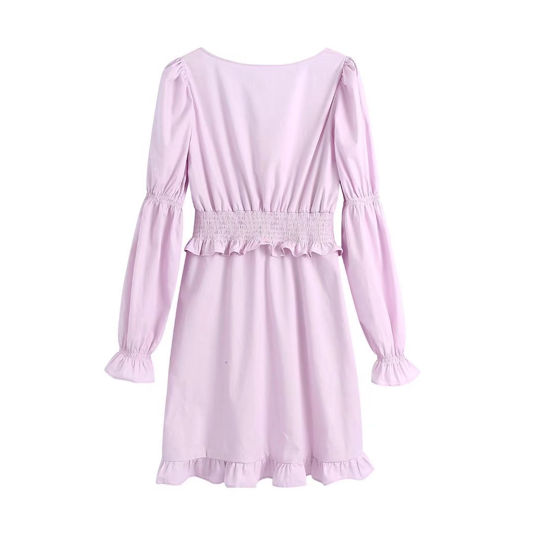 Purple Long-Sleeved Square-Neck Elastic Dress NSXFL101449