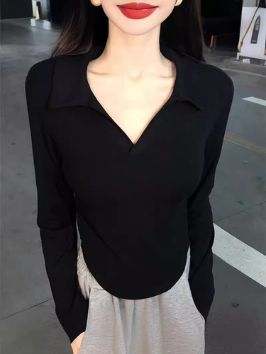 Polo-neck, pure-youth-style long-sleeved T-shirt for women—2024 autumn new design, edgy and stylish, slim-fit white cropped top.